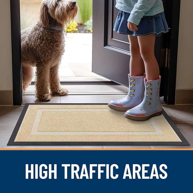 OLANLY Front Door Mat Indoor Outdoor Entrance, Waterproof All-Season, All-Weather Doormat, Sturdy Natural Rubber, Fade Resistant, Low Profile, Easy Clean Patio Porch Entryway Mat, 59x23, Beige