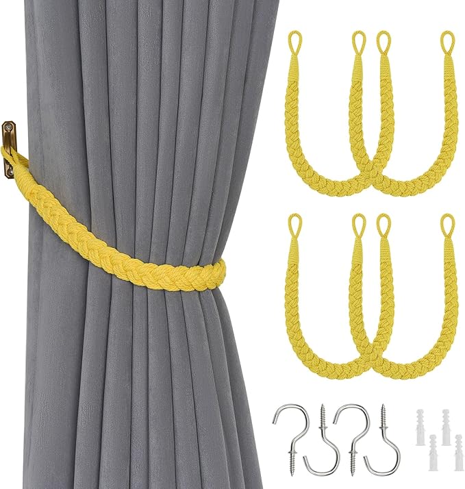 NICEEC 4 Pack Natural Cotton Rope Curtain Tiebacks Elegant Boho Style Decorative Drape Tie Backs Soft Hand-Woven Rope Curtain Holdbacks with Metal Hook for Home & Office Drapery (Yellow)