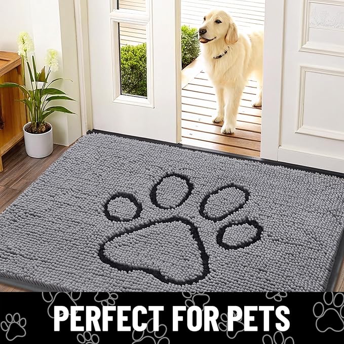Smiry Dog Door Mat for Muddy Paws, Absorbent Dirt Trapper Non Slip Quick Dry Washable Chenille Mat for Mud Dogs, Entry Rug for Indoor and Outdoor (47x24 Inches, Grey and Black)