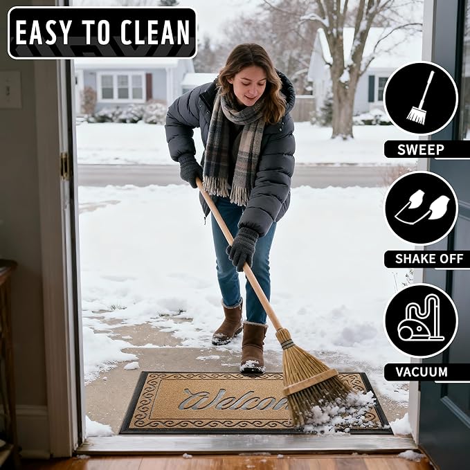 Yimobra Welcome Mat, Heavy Duty Sturdy Door Mats for Home Entrance Outdoor Indoor, Front Doormat for Outside Patio Floor Entry Porch Garage Office, Waterproof, Low Profile, 60 x 36, Beige Brown
