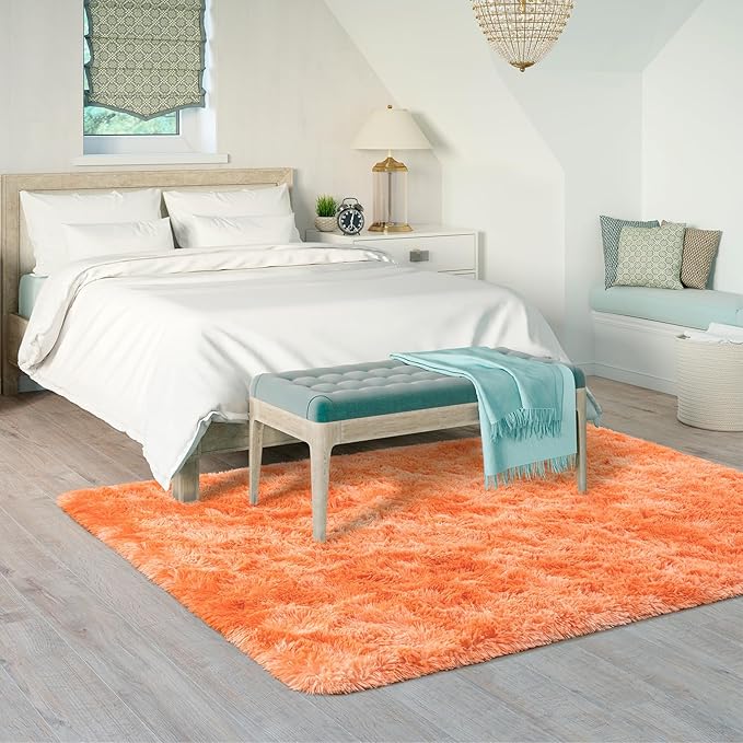 Goideal Fluffy Rug for Bedroom Living Room, 3x5 Orange Area Rugs, Faux Fur Shag Modern Carpet Ultra Soft Girls Boys Room Home Decor, Tie-Dyed