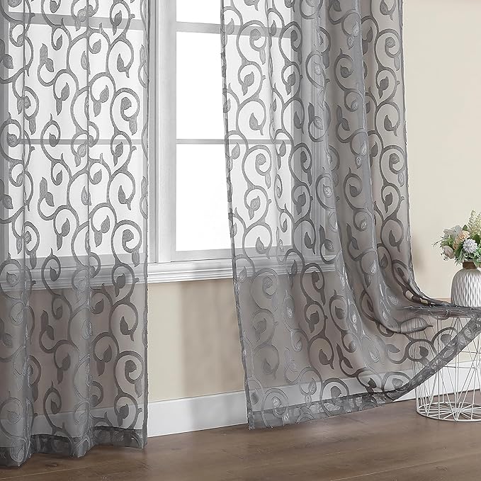 OWENIE Furman Extra Long Sheer Charcoal Gray Curtains 96 inches Long for Bedroom Living Room 2 Panels Set, Light Filtering Semi Sheer Jacquard Clip Farmhouse Curtains Rod Pocket Design, 52Wx96L inch