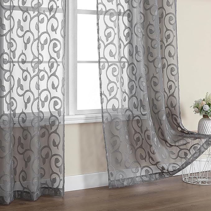 OWENIE Furman Sheer Charcoal Gray Curtains 84 inches Long for Bedroom Living Room 2 Panels Set, White Curtains Jacquard Clip Light Filtering Semi Sheer Curtain Rod Pocket Window Drapes, 52Wx84L inch
