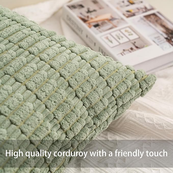 Pack of 2 Christmas Green Corduroy Decorative Throw Pillow Covers 18x18 InchSoft Boho Striped Pillow Covers Modern Farmhouse Home Decor for Sofa Living Room Couch Bed（Blackish Green）