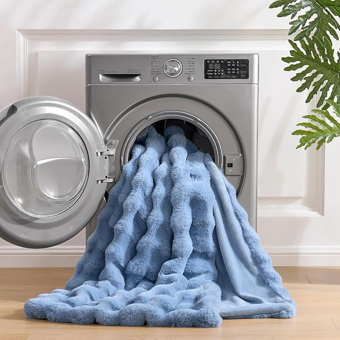 Cozy Bliss Faux Fur Bubble Throw for Couch, Fuzzy Soft Plush Thick Blanket for Sofa Bedroom Living Room, 60x80 Inches Misty Blue