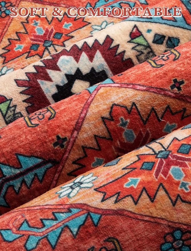 SERISSA Runner Rug for Hallways, 3x10 Washable Non Slip Kitchen Runner Rug, Long Boho Rug Vintage Orange Hallway Stair Ultra Soft Print Floor Carpet for Bedroom Bathroom Laundry Room