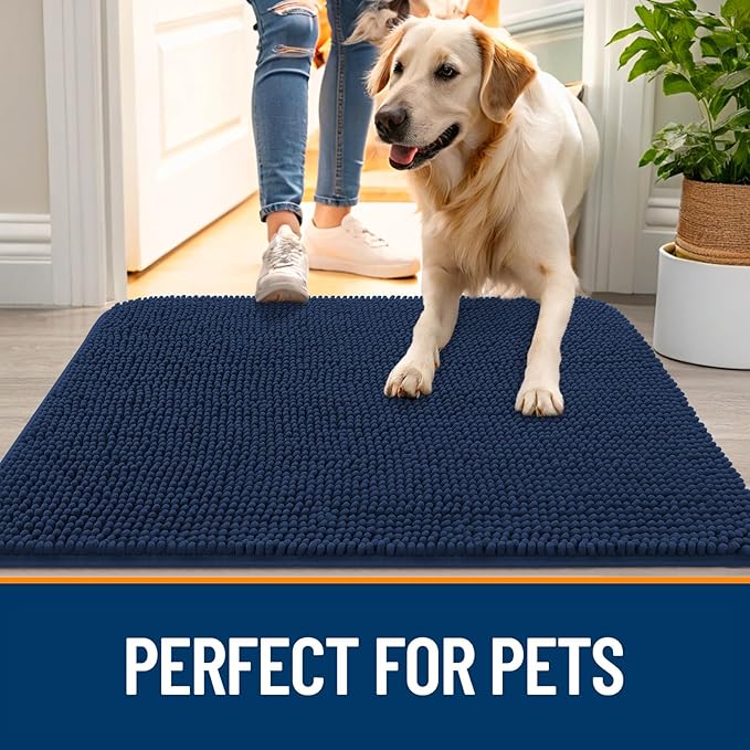 OLANLY Dog Door Mat for Muddy Paws 59x32, Absorbs Moisture and Dirt, Absorbent Non-Slip Washable Doormat, Quick Dry Chenille Mud Mat for Dogs, Entry Indoor Entryway Carpet for Inside Floor, Dark Blue