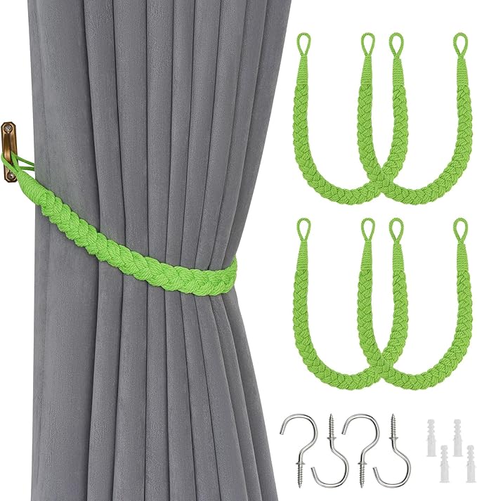 NICEEC 4 Pack Natural Cotton Rope Curtain Tiebacks Elegant Boho Style Decorative Drape Tie Backs Soft Hand-Woven Rope Curtain Holdbacks with Metal Hook for Home & Office Drapery (Tender Green)
