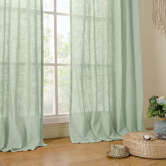 LAMIT 40 Inch Length Linen Curtains for Small Windows, Semi Sheer Light Filtering Panels Back Tab and Rod Pocket Neutral Drapes for Basement/Window/Loft Room, Fresh Green, 2 Panels, 34 x 40 Inch