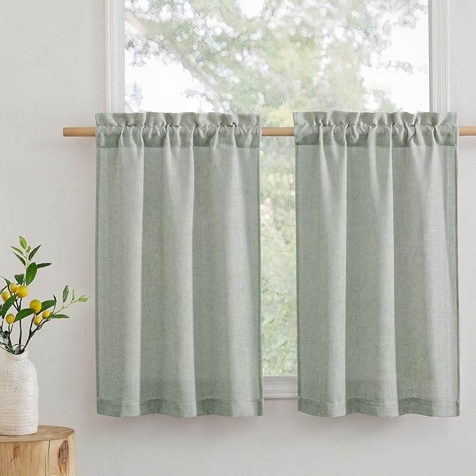 RYB HOME Cafe Curtains 24 inches Length, Linen Sheer Short Curtains for Small Window, Half Privacy Light Filetring Window Tier Valance for Kitchen Bathroom, W 26 x L 24, Sage Green, 2 Panels Set