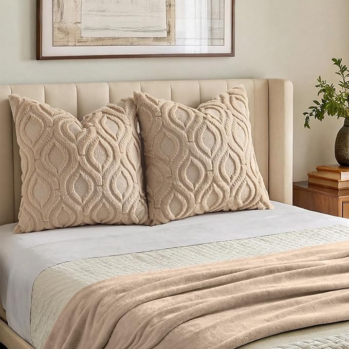 decorUhome Throw Pillow Covers 24x24 Inch Set of 2, Soft Plush Faux Wool Light Khaki Solid Couch Pillow Covers, Accent Euro Sham Farmhouse Neutral Square Pillow Cases for Sofa Bed Living Room