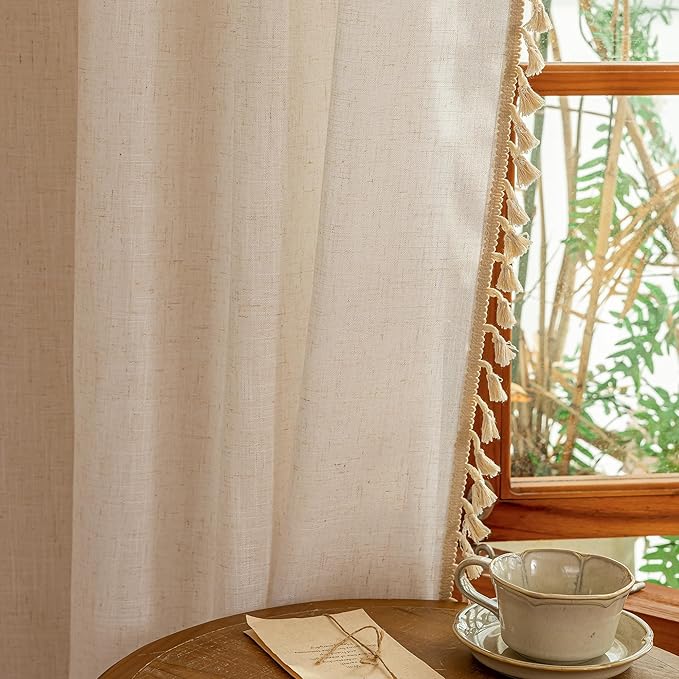 MYSKY HOME Natrual Curtains 84 Inches Long for Living Room Boho Semi Sheer Light Filtering Privacy Drapes for Bedroom, Farmhouse Rustic Home Decor Back Tab with Tassel, 50" x 84", Natural, 2 Panels