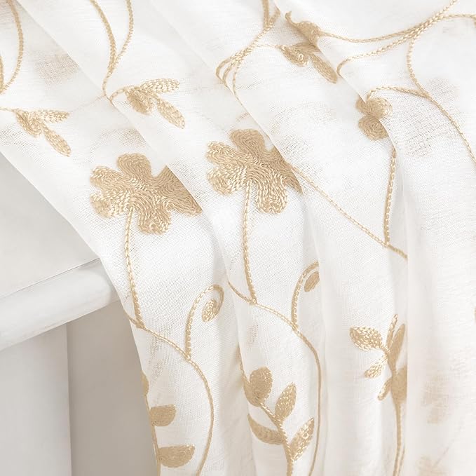 HOMEIDEAS Yellow Sheer Curtains 63 Inch Length 2 Panels Yellow and White Embroidered Floral Pattern Semi Sheer Window Curtains for Bedroom Living Room