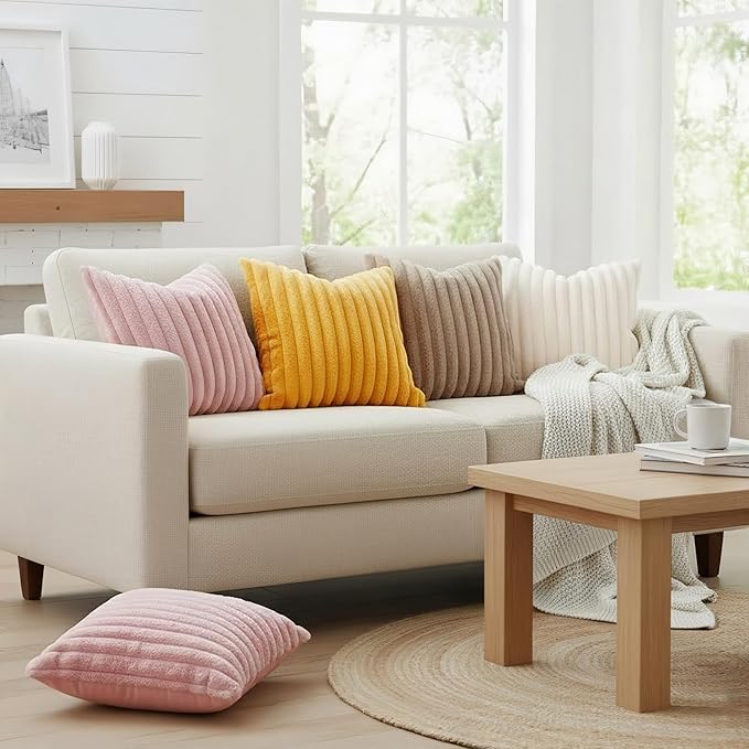 decorUhome Summer Cozy Faux Fur Throw Pillow Covers 16x16 Set of 2 Decorative Soft Plush Striped Modern Farmhouse Boho Couch Pillow Cases with Velvet Back for Sofa Bed Living Room, Cream White
