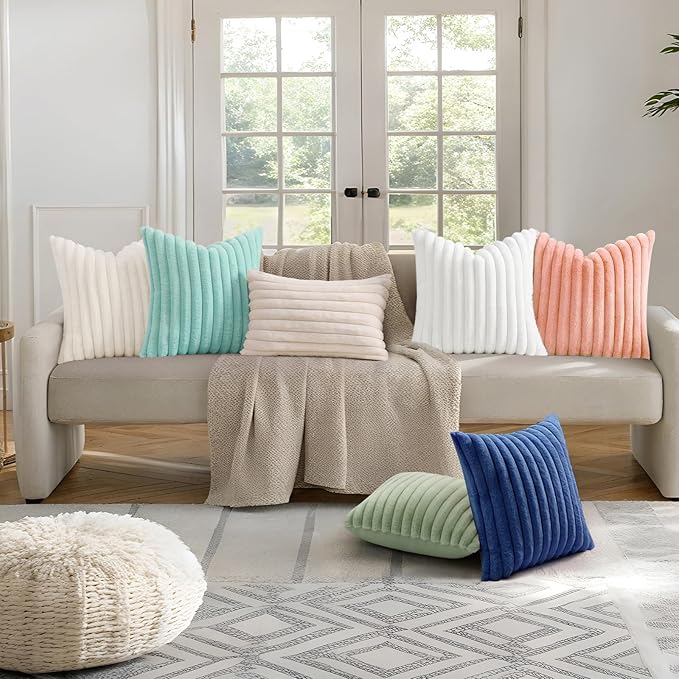 decorUhome Summer Cozy Faux Fur Throw Pillow Covers 22x22 Set of 2 Decorative Plush Striped Modern Farmhouse Boho Couch Euro Sham Pillow Cases with Velvet Back for Sofa Bed Living Room, Blush Pink