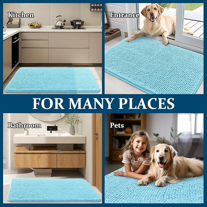 OLANLY Dog Door Mat for Muddy Paws 47x17, Absorbs Moisture and Dirt, Absorbent Non-Slip Washable Doormat, Quick Dry Chenille Mud Mat for Dogs, Entry Indoor Entryway Carpet for Inside Floor, Blue