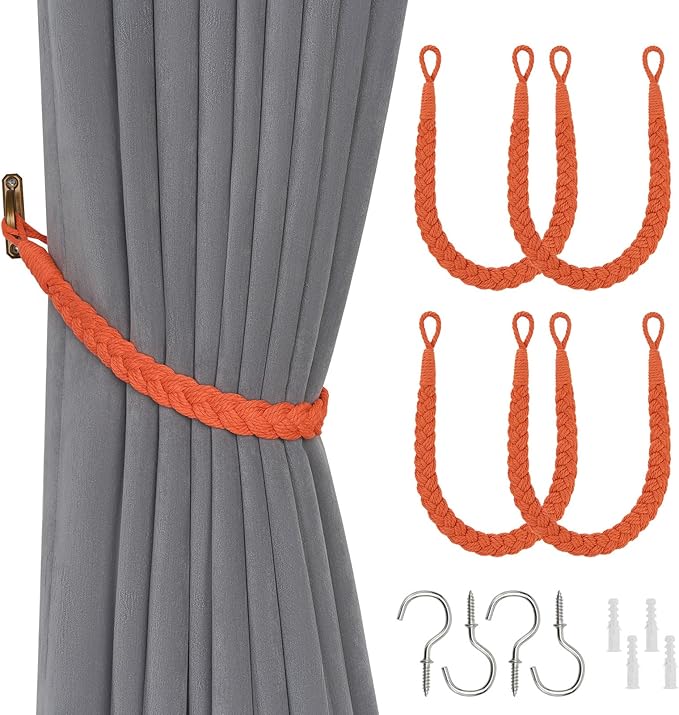 NICEEC 4 Pack Natural Cotton Rope Curtain Tiebacks Elegant Boho Style Decorative Drape Tie Backs Soft Hand-Woven Rope Curtain Holdbacks with Metal Hook for Home & Office Drapery (Orange)