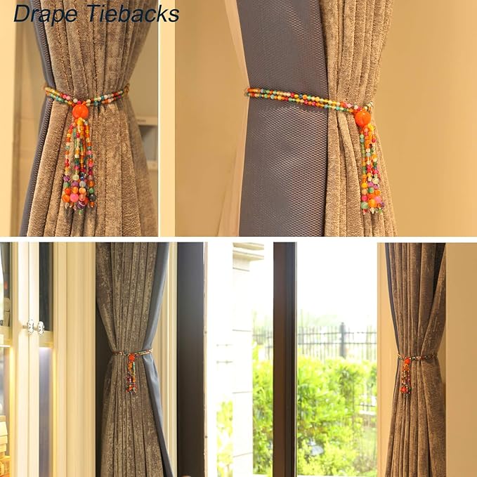 Magnetic Curtain Tiebacks, 2 Pack Colorful Agate Tassel Curtain Drapery Holdbacks, Boho Curtain Ties for Home Office Decorative