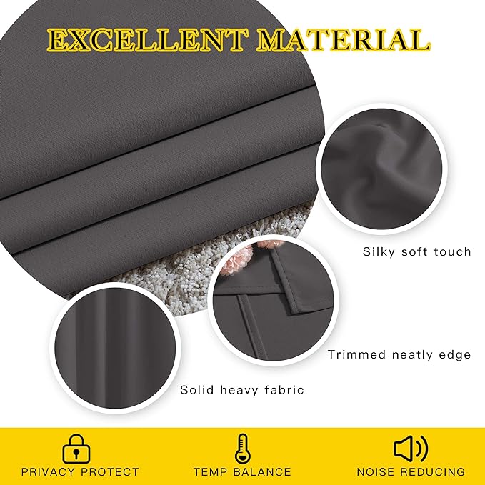 NICETOWN Grey Kitchen Curtains for Windows, Grommet Thermal Insulated Solid Blackout Window Treatments for Cafe, 2 Panels, W52 x L36