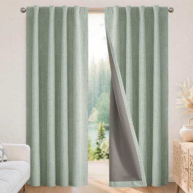 Joydeco Blackout Curtains for Bedroom - 100% Light Blocking 2 Panels Sage Green Drapes 66"W x 108"L, Thermal Insulated Room Darkening Curtains, Linen Textured for Living Room, Rod Pocket & Back Tabs