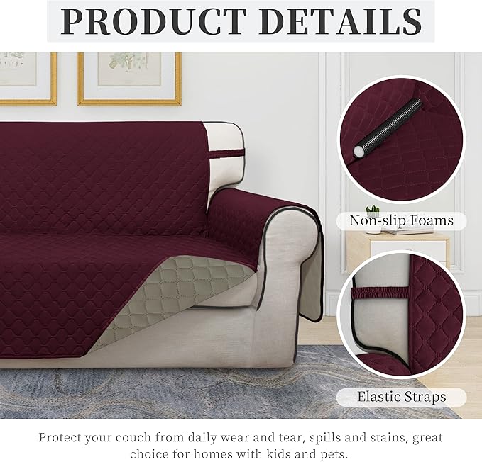 ISSUNTEX Double Protection 100% Waterproof Loveseat Sofa Covers for Living Room, Couch Covers for 2 Cushion Couch Sofa, Reversible Furniture Protector Sofa Cover for Dogs (Loveseat, Wine/Beige)