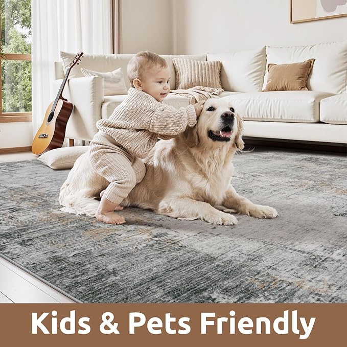 9 x 12 Area Rugs for Living Room, Machine Washable Non Slip Rug Ultra Soft Low Pile Indoor Carpet Modern Abstract Rugs for Bedroom Office Room Dining Room Beside, Grey