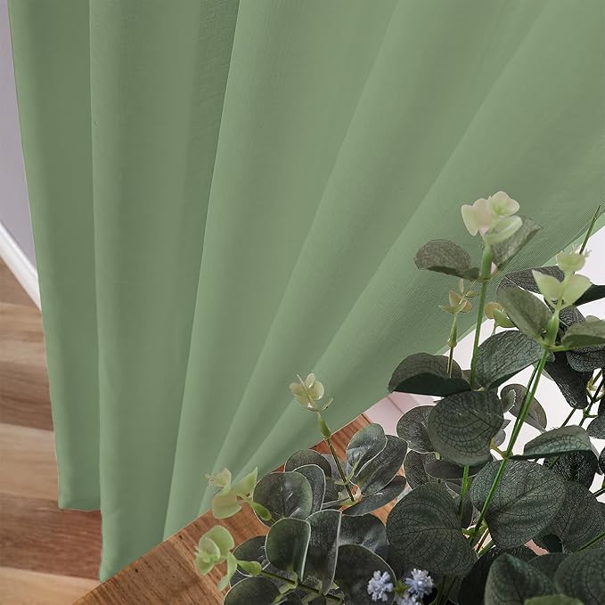 Tollpiz Short Sheer Curtain Linen Textured Bedroom Curtains Sheer Light Filtering Rod Pocket Voile Curtain for Living Room, 54 x 54 inches Long, Sage Green, Set of 2 Panels