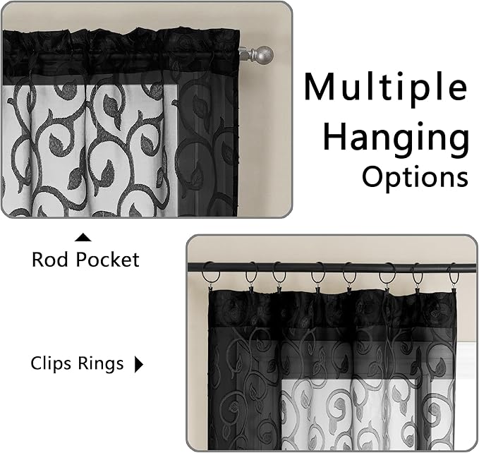 OWENIE Furman Sheer Curtains 63 inch Length for Bedroom Living Room 2 Panels Set, Jacquard Clip Textured Semi Sheer Black Curtain, Light Filtering Rod Pocket Farmhouse Window Treatments, 40Wx63L inch