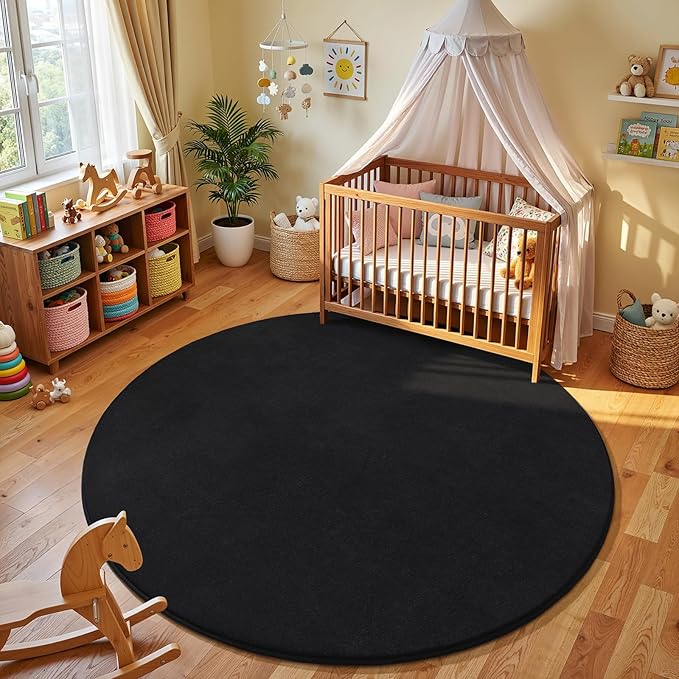 Amearea Black Round Area Rugs 6ft Washable Circle Rugs for Bedroom Living Room, Fluffy Indoor Thickened Memory Foam Rug, Non Slip Minimalist Circular Carpet for Kids Boys Girls Dorm Nursery Room Decor