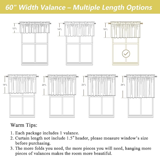 White Valances for Windows, Light Filtering Faux Linen Textured Small Short Valance Curtains for Bathroom Basement Farmhouse, Rod Pocket Top Half Curtains for Windows, 60Wx16L Inch