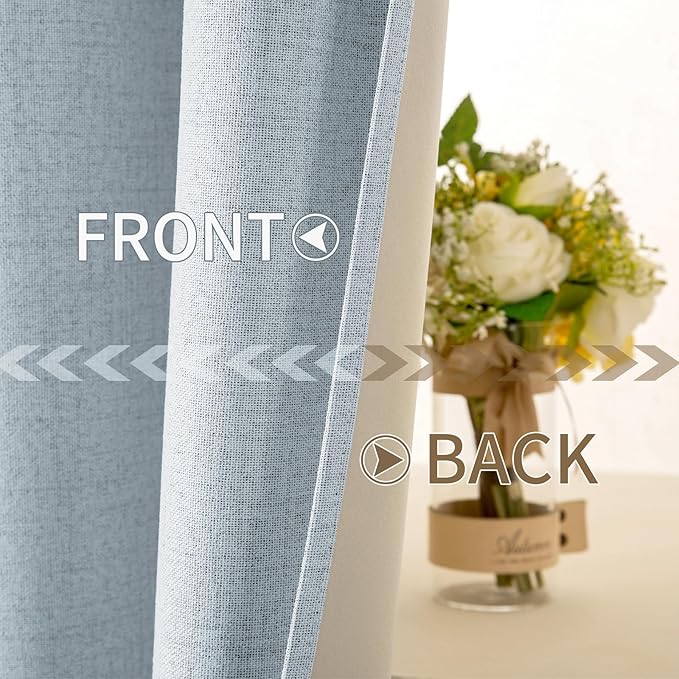 MIULEE 100% Blackout Linen Textured Curtains for Bedroom Solid Thermal Insulated Chambray Blue Grommet Room Darkening Curtains & Drapes Luxury Decor for Living Room Nursery 52 x 84 Inch (2 Panels)