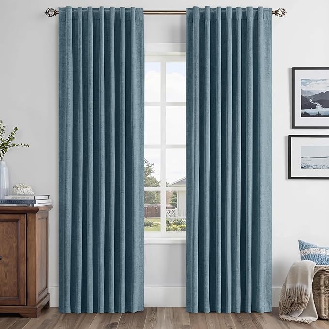 MIULEE 100% Blackout Linen Curtains for Bedroom, Stone Blue Solid Luxury Decor Thermal Insulation Room Darkening Drapes for Living Room Nursery Back Tab Rod Pocket 42 x 84 Inches, 2 Panels