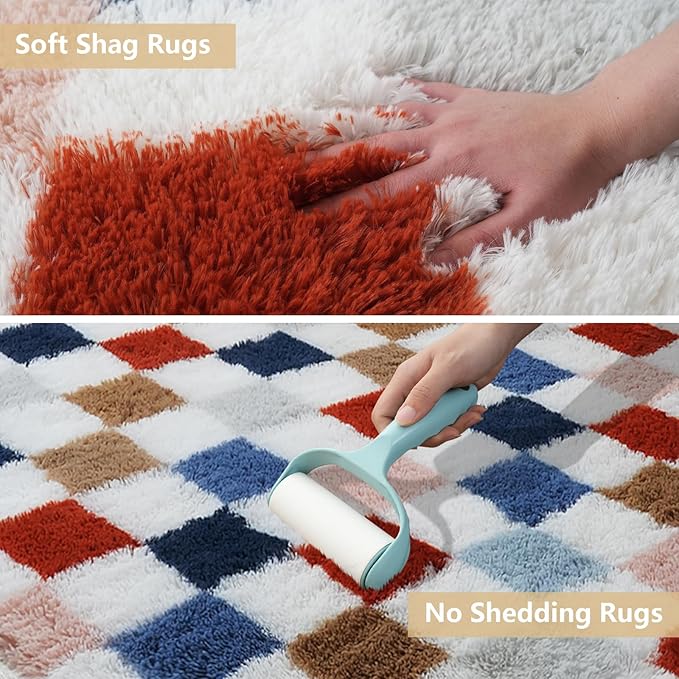 Large Shag Area Rug for Bedroom Living Room,8x10 Fluffy Soft Colorful Checkered Rug Fuzzy Shaggy Bedroom Carpet,Indoor Plush Floor Rugs for Kids Boys Girls Teen Dorm Nursery Home Decor