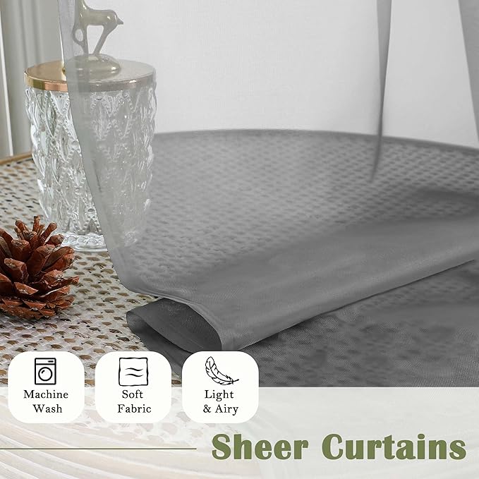 Lecloud Charcoal Grey Sheer Curtains for Living Room 96 Inches Long 2 Pcs, Airy Solid Color Light Filtering Curtains for Bedroom Dining Room, Dual Rod Pocket Drapes, Each Panel 59" W x 96" L