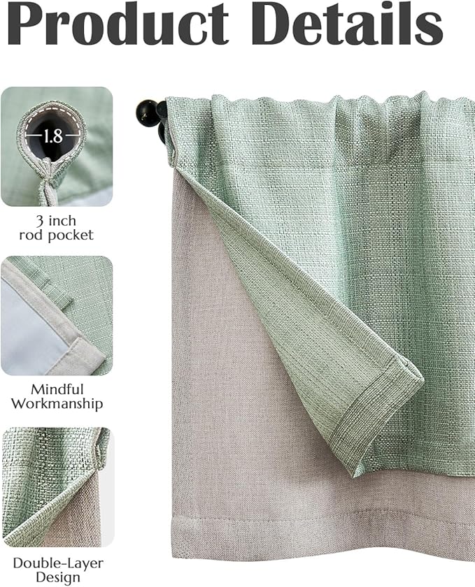 jinchan Curtain Light Filtering Kitchen for Living Room Bedroom Small Windows Valance 18 Inch Double Layer Farmhouse Window Rustic Overlay Rod Pocket 1 Panel Green
