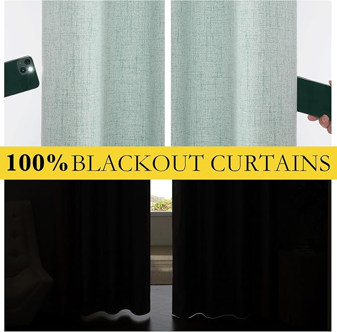 NICETOWN 100% Absolutely Blackout Linen Curtains with Thermal Insulated Grey Liner, Seafoam Green, 52" Wide, 108" Length Energy Saving Curtains for Living Room 2 Panels Set, Vertical Blinds
