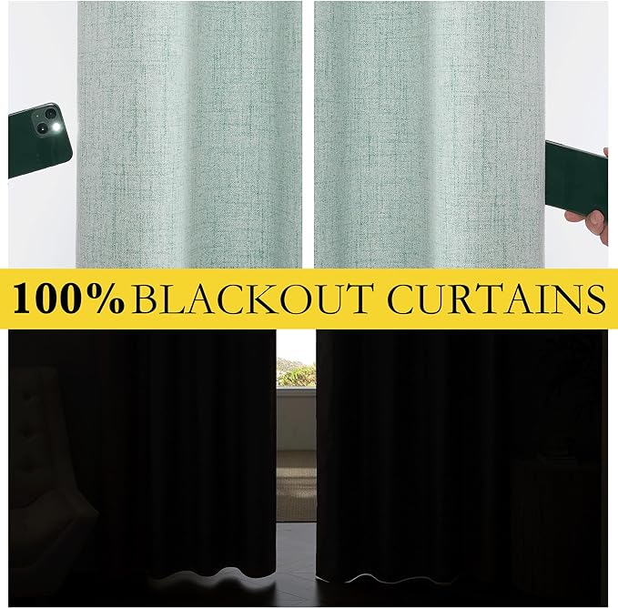 NICETOWN 100% Absolutely Blackout Linen Curtains with Thermal Insulated Liner, Seafoam Green, 62" Wide, 120" Length Energy Saving Curtains for Living Room 2 Panels Set, Vertical Blinds