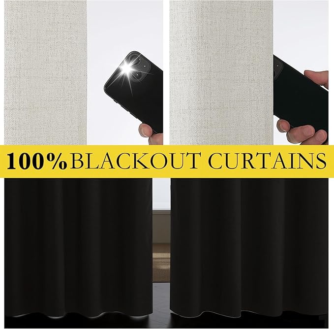 NICETOWN Snowbound Vintage Linen 100% Blackout Curtains for Living Room, Thermal Insulated Curtains 102“ Long, Noise Reducing Window Treatment Drapes for Home Office, 62" Wide Per Panel, Set of 2