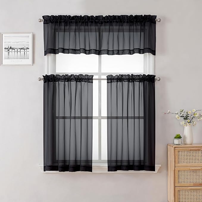 Lecloud Black Sheer Valance for Windows 14 Inch Length 2 Pieces, Light Reducing Voile Short Curtains for Living Room Bedroom, Dual Rod Pocket Window Small Valances for Kitchen Bathroom, 40" W x 14" L
