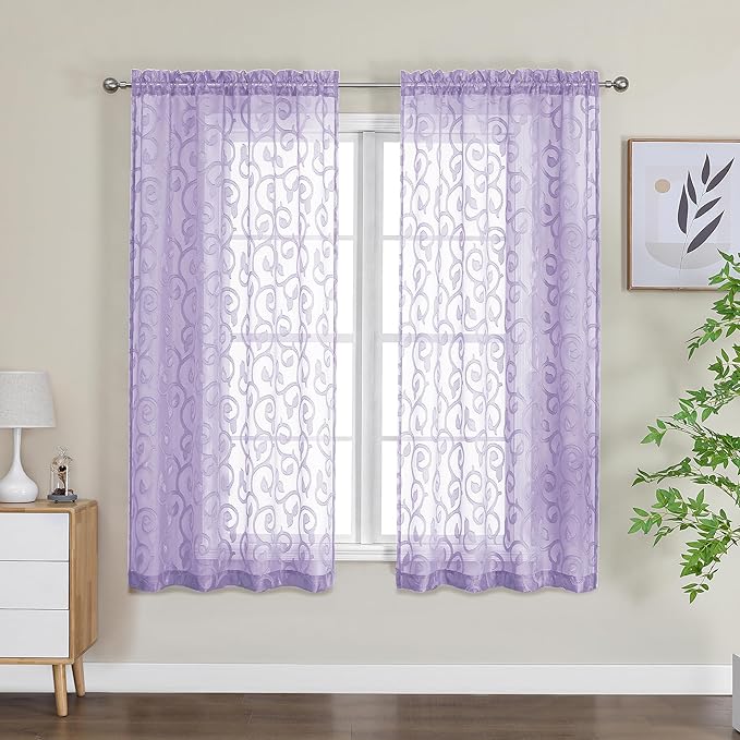 OWENIE Furman Sheer Curtains 63 inch Length for Bedroom Living Room 2 Panels Set, Jacquard Clip Textured Semi Sheer Curtains, Light Filtering Rod Pocket Farmhouse Darpes, 40Wx63L inch, Light Purple