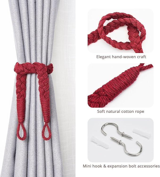 NICEEC 2 Pack Natural Cotton Rope Curtain Tiebacks Elegant Boho Style Decorative Drape Tie Backs Soft Hand-Woven Rope Curtain Holdbacks with Metal Hook for Home & Office Drapery (Wine Red)