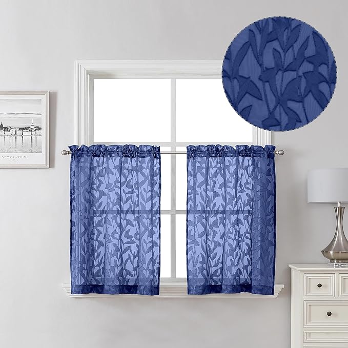 Lecloud Leia Dusty Blue Sheer Kitchen Curtains 24 Inch Length 2 Pcs, Jacquard Textured Leaf Voile Short Curtains with Dual Rod Pocket, Farmhouse Bedroom Living Room Tiers, 40 W x 24 L