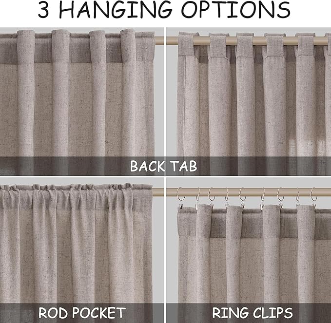 Nanspring Brownish Grey Linen Curtains for Living Room 86 Inches Long Back Tab Light Filtering Semi Sheer Curtain Modern Farmhouse Decor for Bedroom Office Luxury Textured Drapes 52x86, 2 Panels