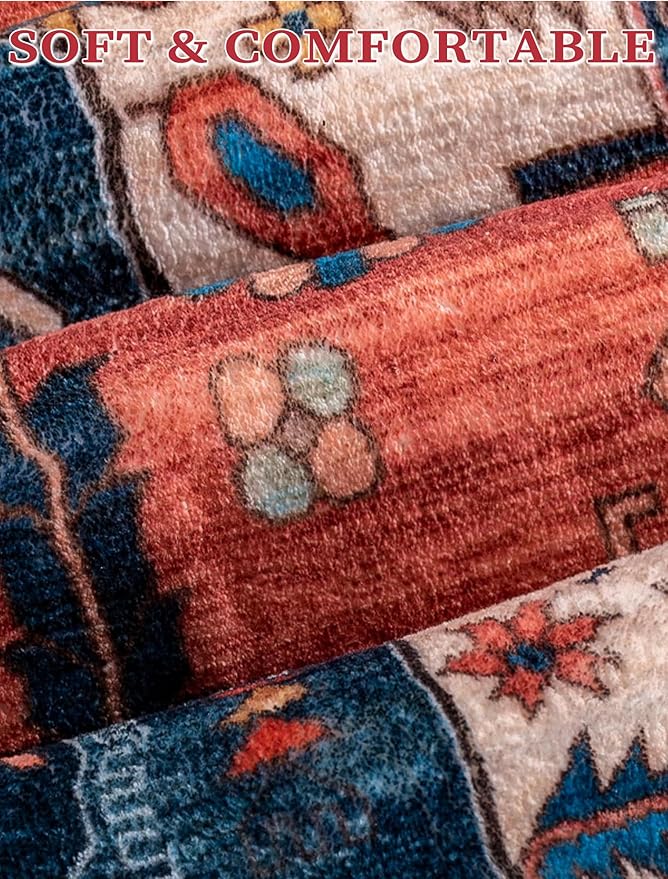 SERISSA Runner Rug for Hallways, 2'6"x12' Washable Non Slip Kitchen Runner Rug, Extra Long Boho Rug Ultra Soft Vintage Rust Print Floor Carpet for Bedroom Hallway Entryway Bathroom Laundry Room