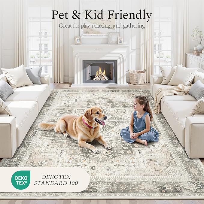 Rugflix 9x12 Area Rugs for Living Room, Machine Washable Rug Non Slip Stain Resistance, Large Rug Vintage Distressed Soft Carpet for Bedroom, Dining Room, Home Office, Beige Grey