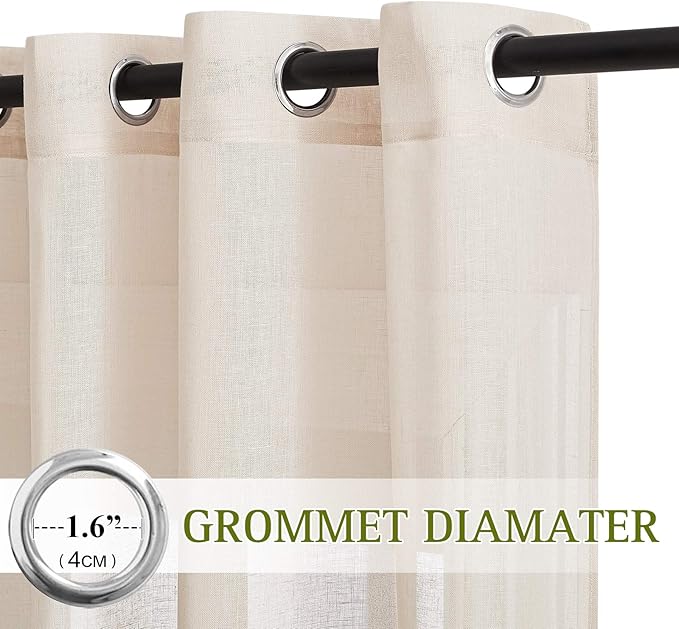 NICETOWN Flax Linen Sheer Curtains 108" Length for Windows, Ring Top Privacy Semitransparent Sheer Light Filter Curtain Panels for Bedroom/Living Room, Beige, 52" W Per Panel, Set of 2