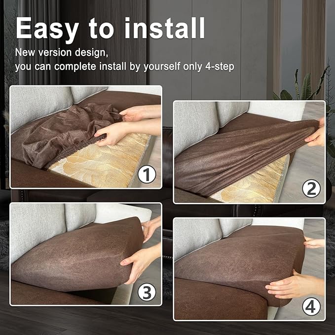 Leather Look Couch Cushion Covers Sofa Seat Slipcovers Sets Couches Furniture Protector for Sectional Armchair Loveseat Pets Kids Stretch Spandex Fabric (3 Cushion XL Sofa, Brown)