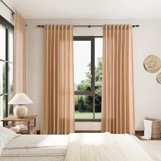 Extra Long Camel Linen Curtain 108 Inches Long 2 Panels Set Back Tab Drapes for Living Room Lively Farmhouse Light Filtering Semi Sheer Linen Curtains 108 Inch Length for Large Window 52x108