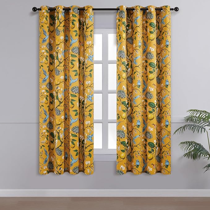 Topfinel Mustard Yellow Curtains, Aesthetic Unique Rustic Thermal Insulated Noise Reducing Cottagecore Floral Flower Printed Modern Farmhouse Window Treatment 63 Inch Length 2 Panels Bedroom 52x63