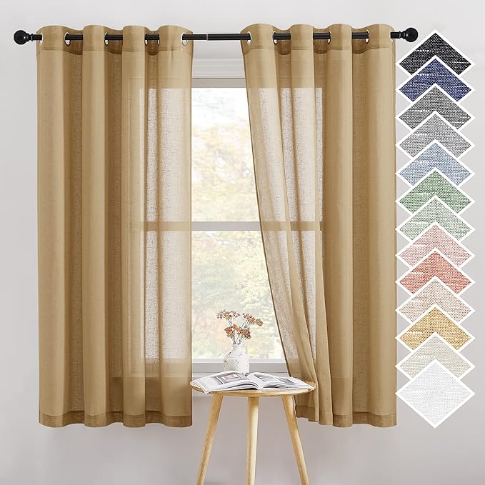 NICETOWN Linen Blend Flax Sheer Window Curtains, Ring Top Semi Sheer Drapes Privacy with Light Through Window Treatments for Bedroom/Kids Room, Camel, 52" Wide by 63" Long, 2 Pieces